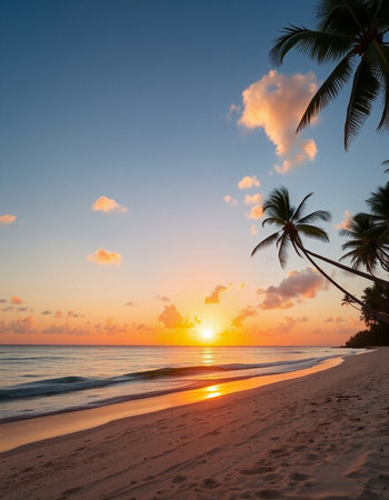Beautiful sunset on the beach with coconut palm trees and sand.の写真素材