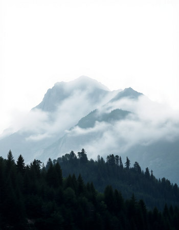 Mountain landscape with coniferous forest on a foggy day