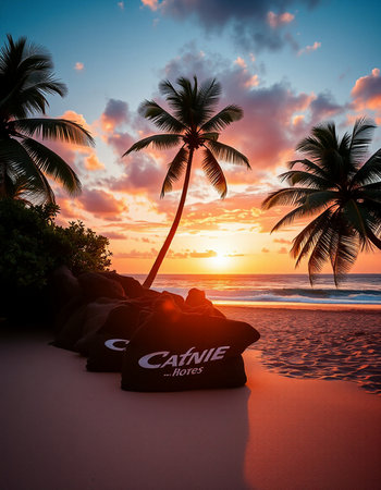 beach with palm trees at sunset