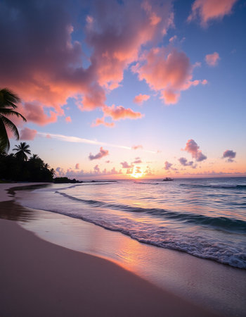 Beautiful sunset on a tropical beach with palm trees and sand.