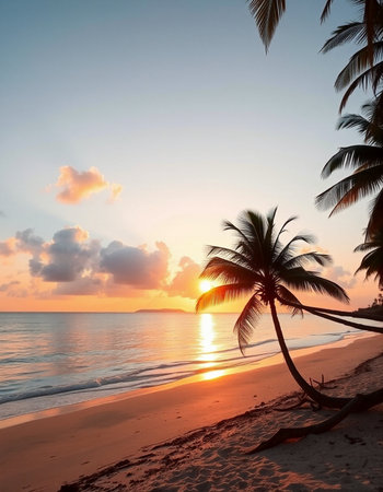 Beautiful tropical beach and sea with coconut palm tree at sunset timeの写真素材