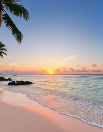 Beautiful sunset over the ocean with palm trees on a tropical beachの写真素材