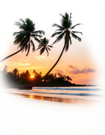Silhouette of palm trees on a tropical beach at sunset.の写真素材