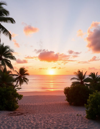 Beautiful tropical beach and sea with coconut palm tree at sunset time - Holiday Vacation conceptの写真素材