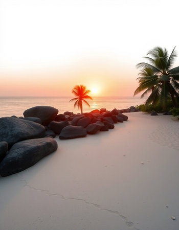 Palm tree on the beach at sunset. Beautiful nature background.の写真素材