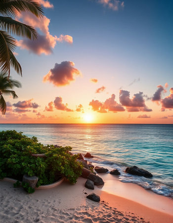 Beautiful tropical beach and sea with coconut palm tree at sunset time