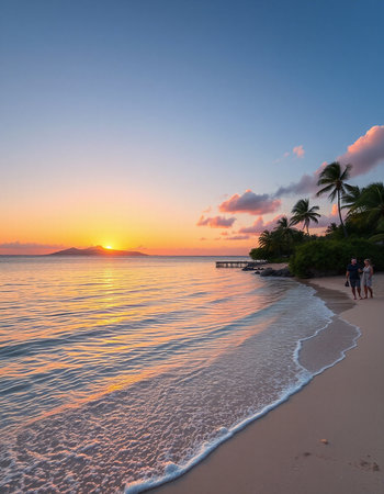 Sunset on the beach of Guadeloupe, Caribbean.の写真素材
