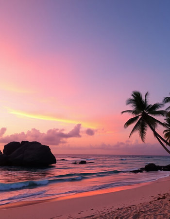 Tropical beach at beautiful sunset with palm trees, Seychelles