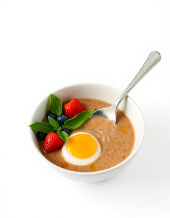 A bowl of oatmeal porridge with fresh berries and an egg
