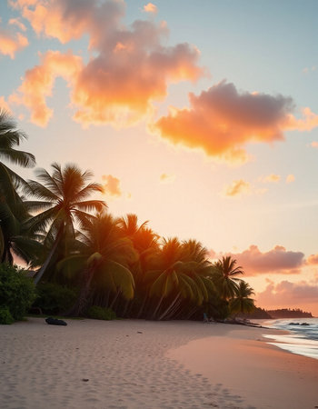 Tropical beach with coconut palm trees at beautiful sunset, Sri Lankaの写真素材