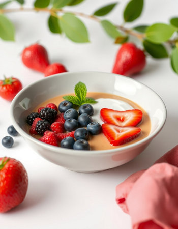 Bowl of yoghurt with fresh berries on white backgroundの写真素材