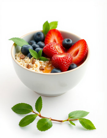 Oatmeal porridge with fresh berries and mint leaves on white backgroundの写真素材