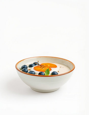 bowl of yogurt with blueberries on white backgroundの写真素材