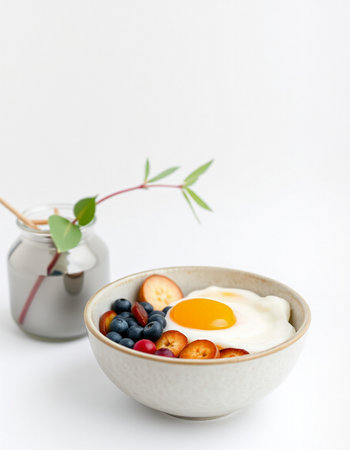Healthy breakfast with berries and egg on white backgroundの写真素材