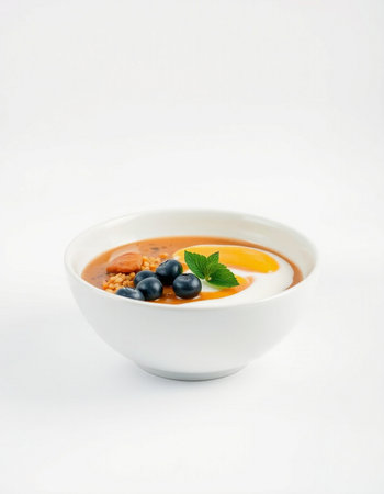 bowl of chia pudding with blueberries and yogurt on white backgroundの写真素材