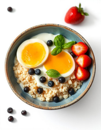 Breakfast with quinoa porridge, eggs and berries on white backgroundの写真素材