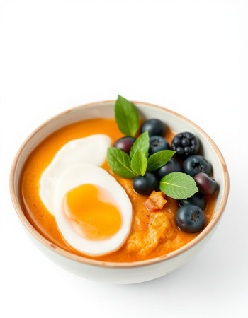 Tomato soup with egg and blueberries on a white background.の写真素材
