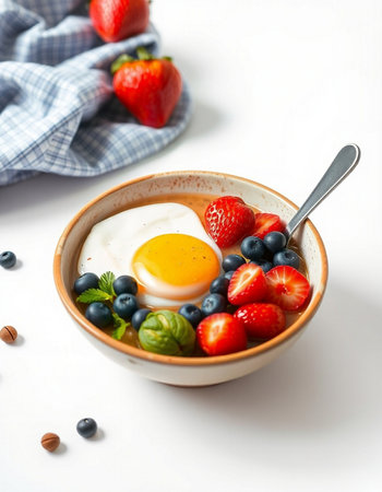 Breakfast bowl with egg, strawberries and blueberries on white backgroundの写真素材