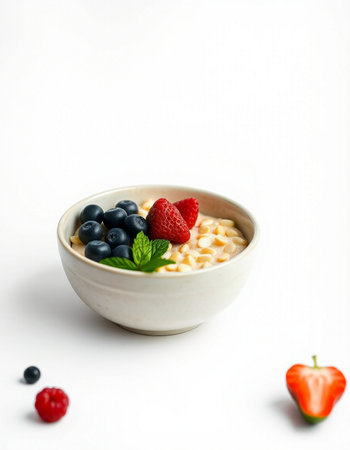 bowl of oatmeal with fresh berries on white background, healthy breakfast