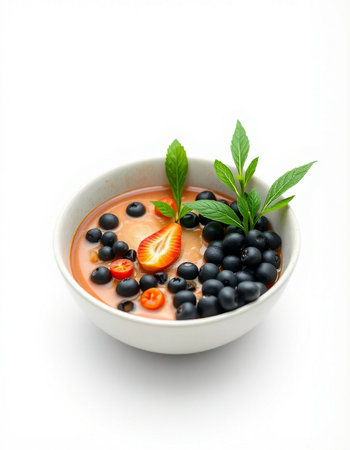 Bowl of soup with strawberries and blueberries on white background