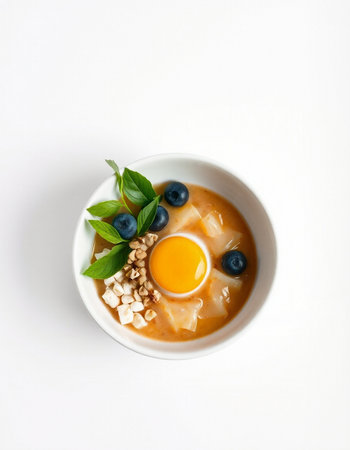 Top view of a bowl of oatmeal porridge with blueberry, walnuts and egg yolk
