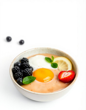 Fried egg in a bowl with fresh berries and mint on white background