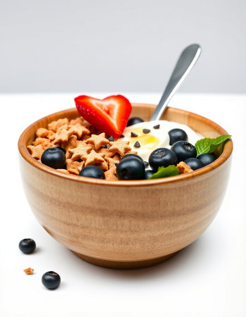 Healthy breakfast with berries in wooden bowl on white background