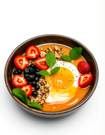 Healthy breakfast bowl with oatmeal, strawberries, blueberries and egg