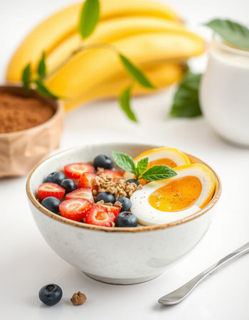 Healthy breakfast bowl with granola, yogurt, berriesの写真素材