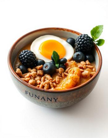 Healthy breakfast bowl with oatmeal, berries and fried egg on white background