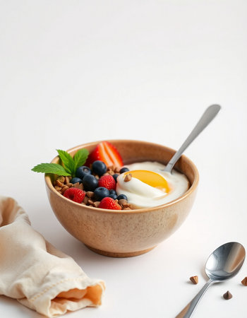 Healthy breakfast bowl with granola, yogurt and berries on white backgroundの写真素材