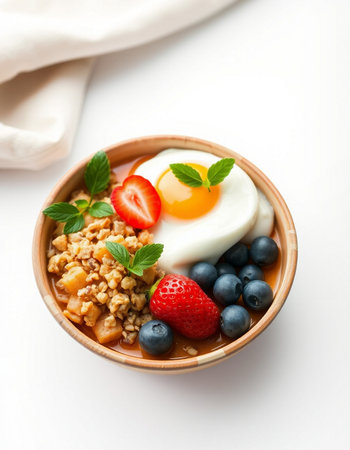 Healthy breakfast bowl with oatmeal, strawberries, blueberries and egg on white background