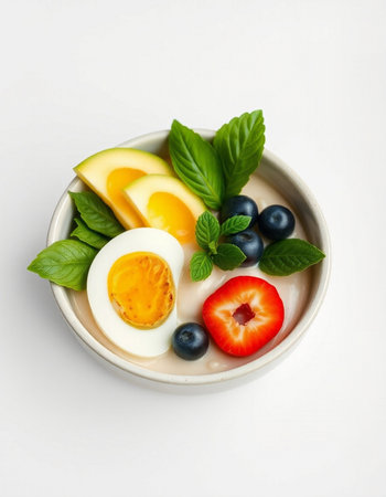 Healthy breakfast with yogurt, avocado, berries and egg on white backgroundの写真素材