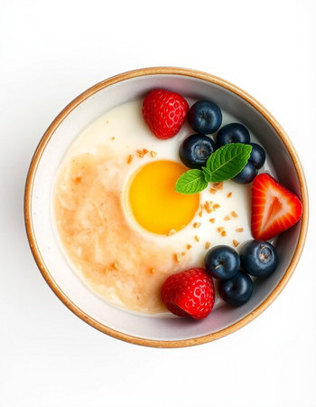 Yogurt with omelet and fresh berries on white background