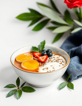 yogurt with fresh berries in a bowl on a white backgroundの写真素材
