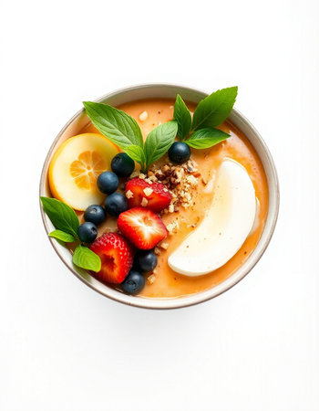 Chocolate smoothie bowl with fresh berries and mint isolated on white background