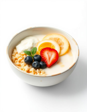 Bowl of oatmeal with fresh berries and yogurt on white backgroundの写真素材