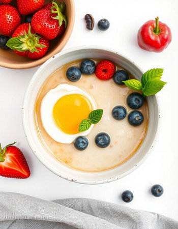Oatmeal porridge with fresh berries and egg yolk on white backgroundの写真素材