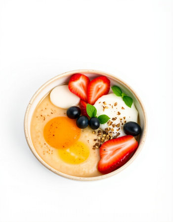 Healthy breakfast with omelet, yogurt, strawberries and blueberriesの写真素材