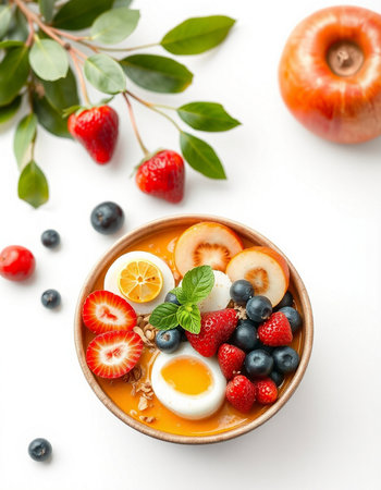 Bowl of porridge with fresh berries on white background
