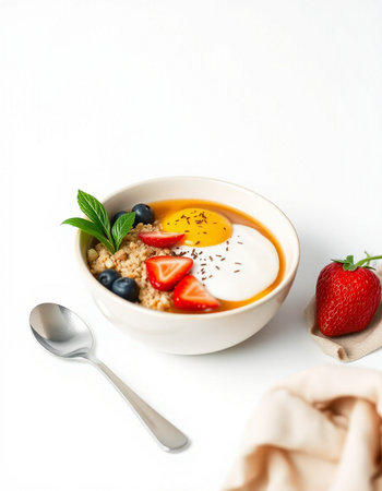 Healthy breakfast bowl with oatmeal, berries and yogurt on white backgroundの写真素材