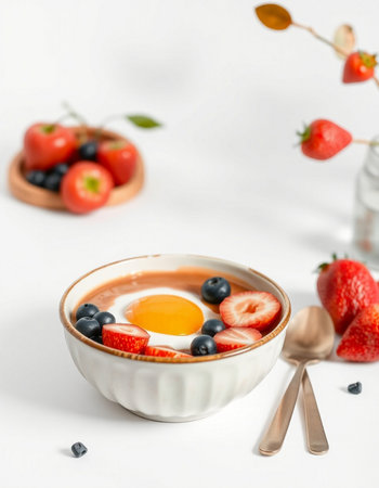 Healthy breakfast with omelet, strawberries and blueberries on white backgroundの写真素材