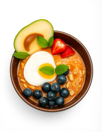 Bowl of oatmeal porridge with berries and egg on white backgroundの写真素材
