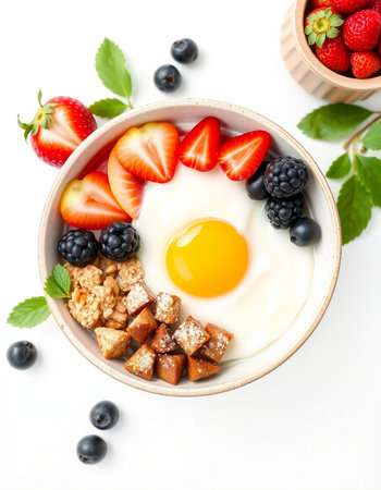 Healthy breakfast with oatmeal, berries and eggs on white backgroundの写真素材