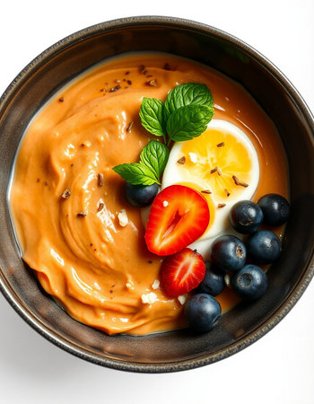 Bowl of cream soup with strawberries and blueberries on a white backgroundの写真素材