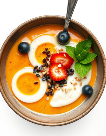 Vegetable smoothie bowl with yogurt, berries and granolaの写真素材