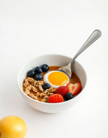 Healthy breakfast bowl with berries and egg on white backgroundの写真素材