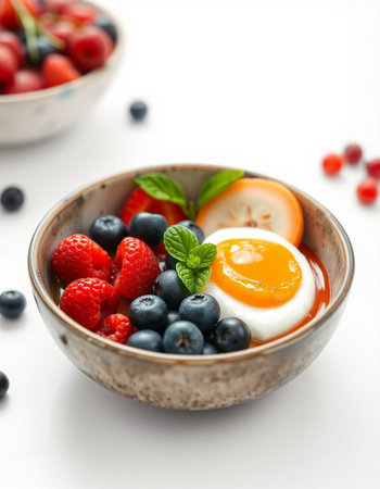 Healthy breakfast bowl with eggs, berries and mint. Shallow dof.の写真素材