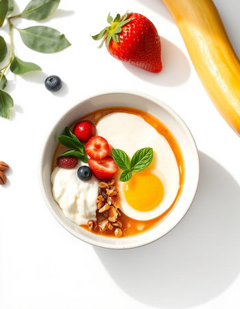 Healthy breakfast with omelet, yogurt and berries on white backgroundの写真素材