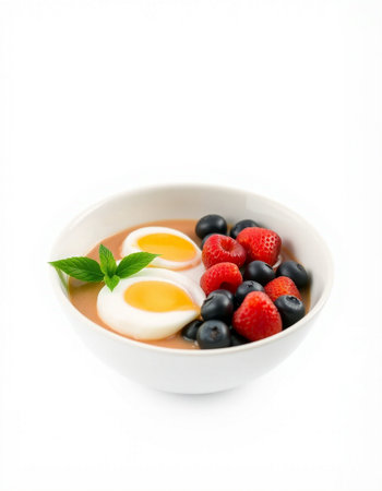 bowl of yogurt with fresh berries isolated on white background.